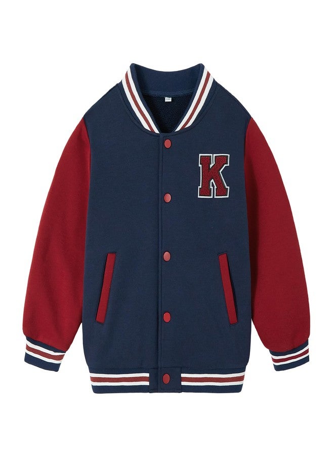 Volunboy Kids Baseball Jackets Boys Varsity Coats Button Down Patchwork Fall Winter Fleece Bomber Outerwear (Navy, 3-4T) - Image 1